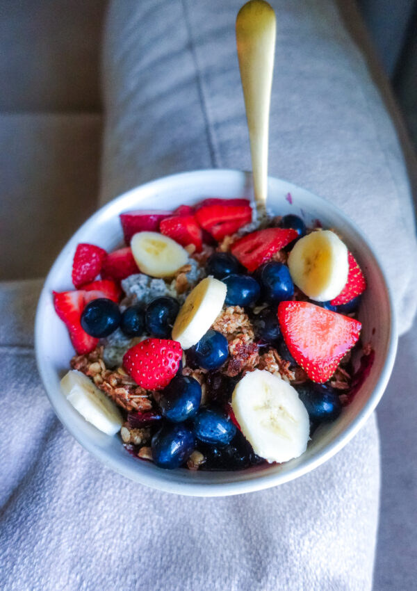 thick and creamy chia pudding topped with fresh fruit